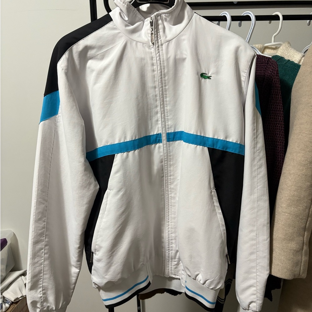 Lacoste Men's White Windbreaker with Black and Blue Details